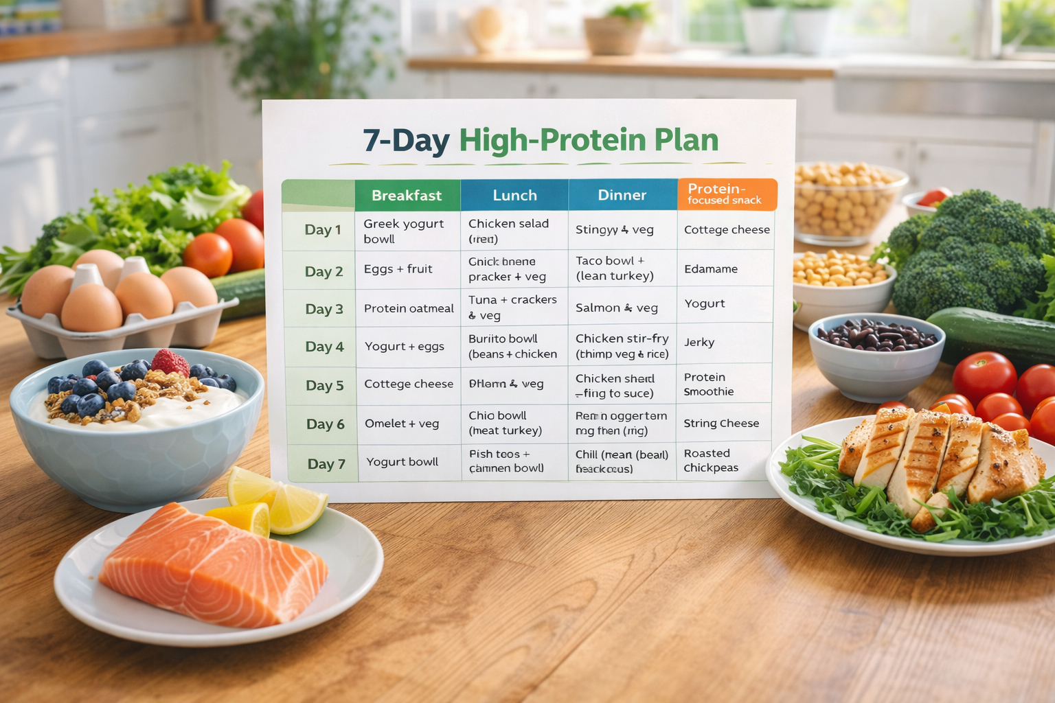 7-day high-protein meal plan for weight loss on a kitchen table with eggs, Greek yogurt, chicken, salmon, vegetables, and beans.