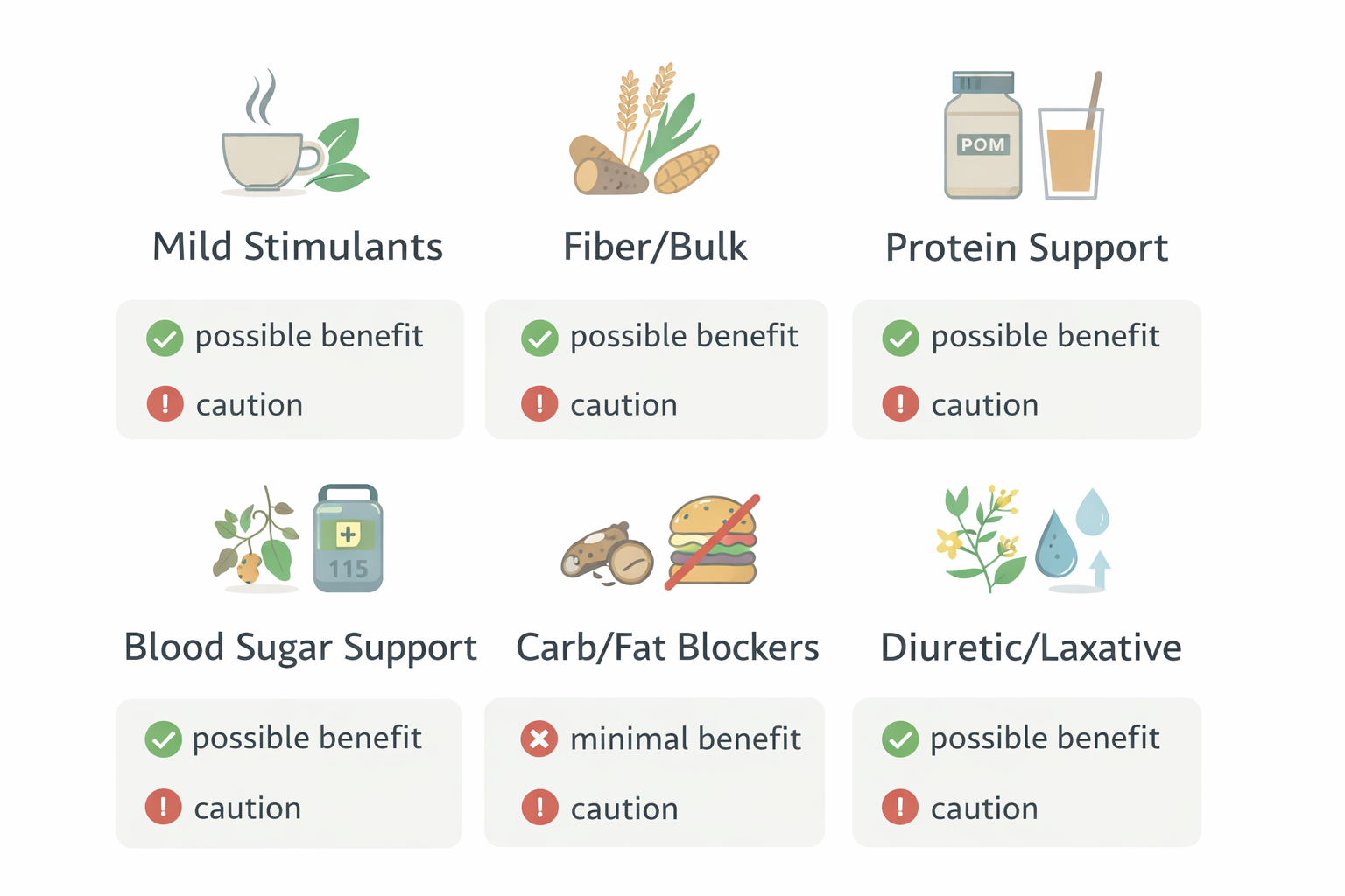 Infographic showing six weight loss supplement categories with icons and labels for possible benefits and cautions.