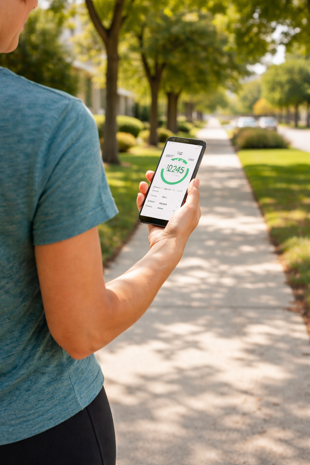 Adult walking on a tree-lined suburban sidewalk holding a phone displaying a step counter in bright daylight.