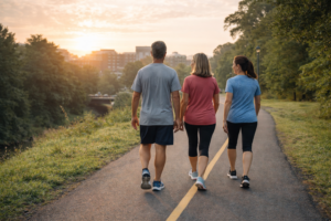 Adults walking on a Greenville, North Carolina greenway trail as part of a realistic weight loss routine and active lifestyle.