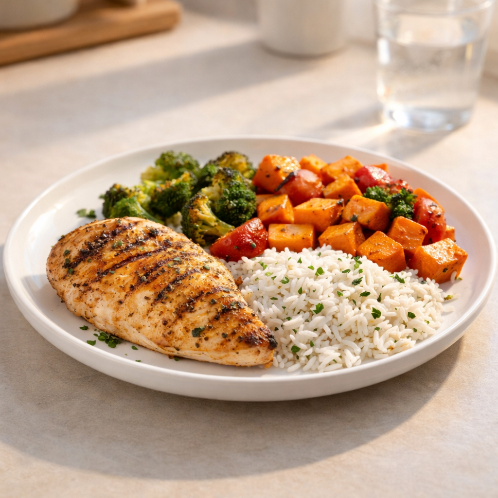 Balanced dinner plate with lean protein, roasted vegetables, and a portion of healthy carbs for a weight loss plateau diet.