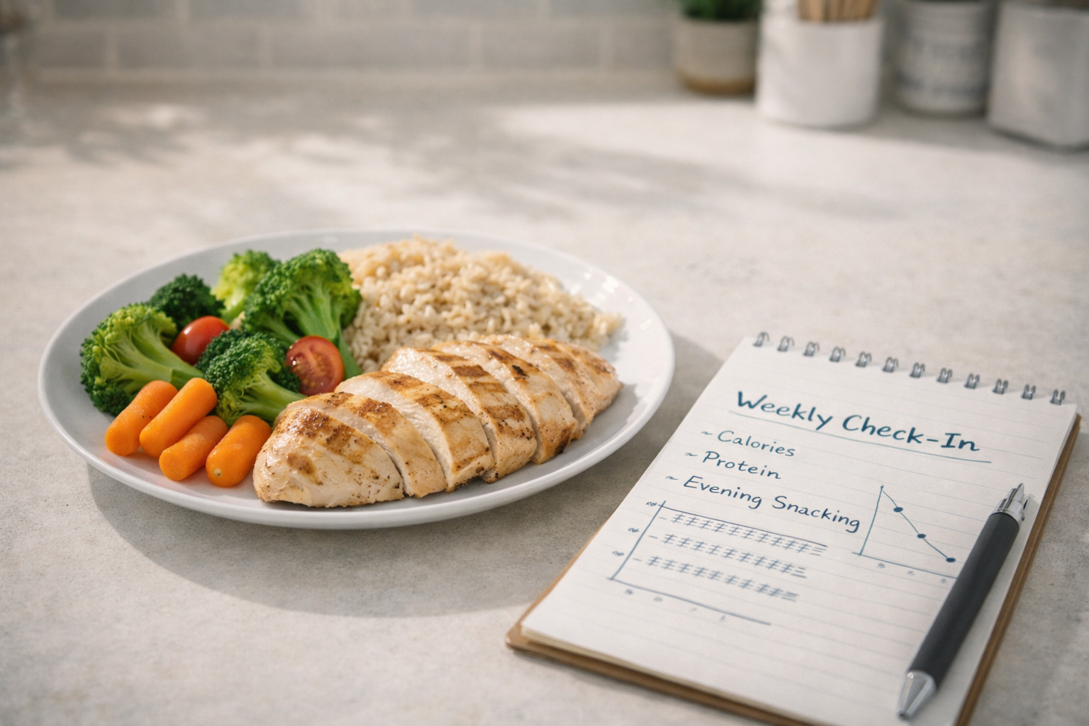 Balanced meal plate with chicken, vegetables, and brown rice beside a weekly check-in notepad and simple progress chart.