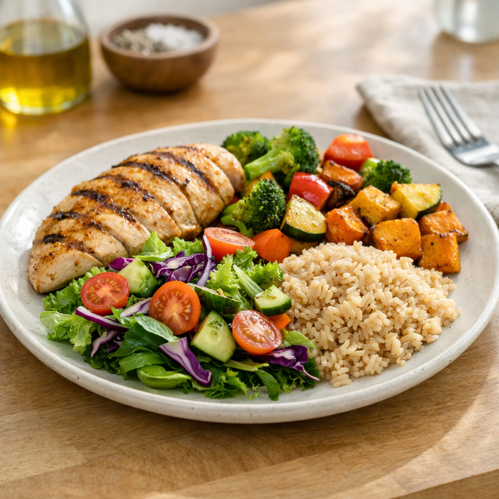 Balanced weight loss meal with grilled chicken, roasted vegetables, brown rice, and a fresh salad on a ceramic plate in natural light. How Many Calories to Lose Weight