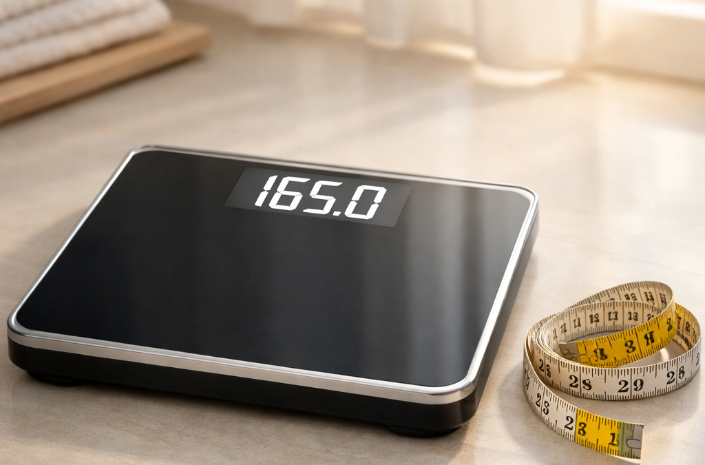 Digital bathroom scale stuck on the same number beside a measuring tape, symbolizing a weight loss plateau.. weight loss plateau