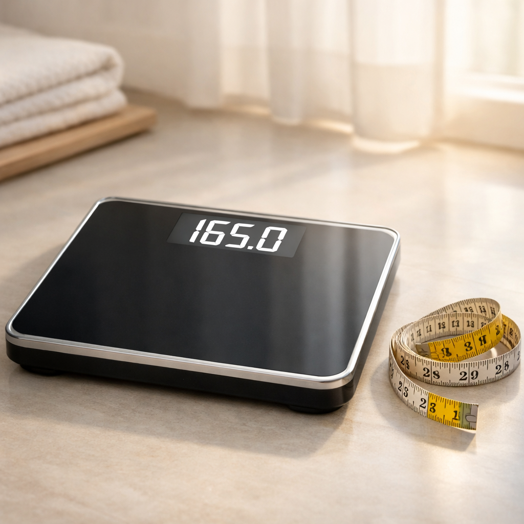 Digital bathroom scale stuck on the same number beside a measuring tape, symbolizing a weight loss plateau.. weight loss plateau