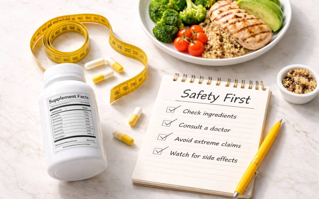 Flat-lay of a generic weight loss supplement bottle showing “Supplement Facts,” a measuring tape, a “Safety First” checklist, and a balanced meal plate. weight loss supplements