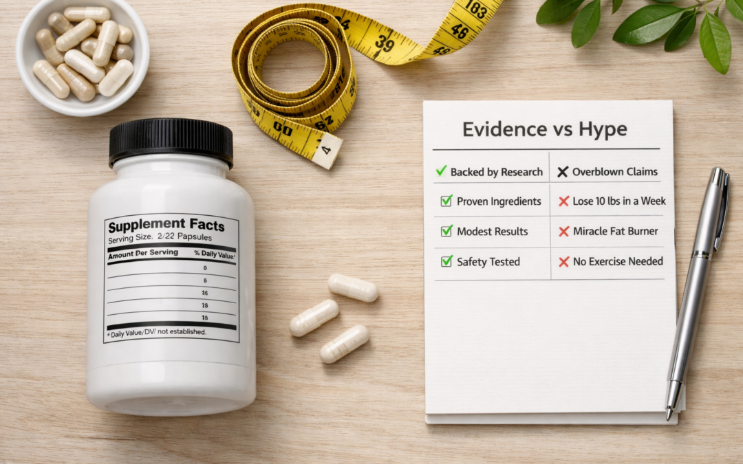 Flat-lay of a supplement bottle with Supplement Facts label, measuring tape, and an Evidence vs Hype checklist on a desk., Best Weight Loss Supplements