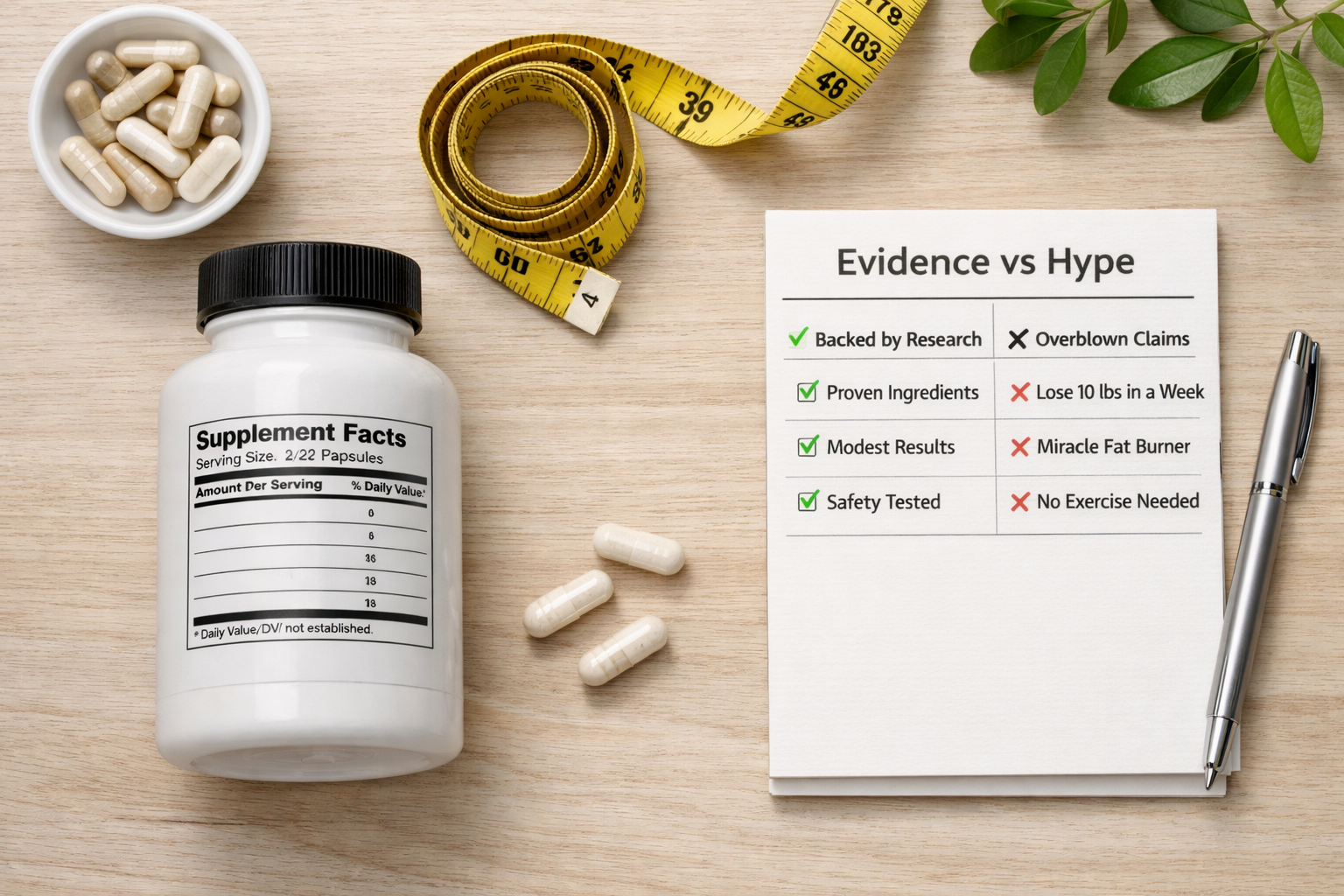 Flat-lay of a supplement bottle with Supplement Facts label, measuring tape, and an Evidence vs Hype checklist on a desk., Best Weight Loss Supplements