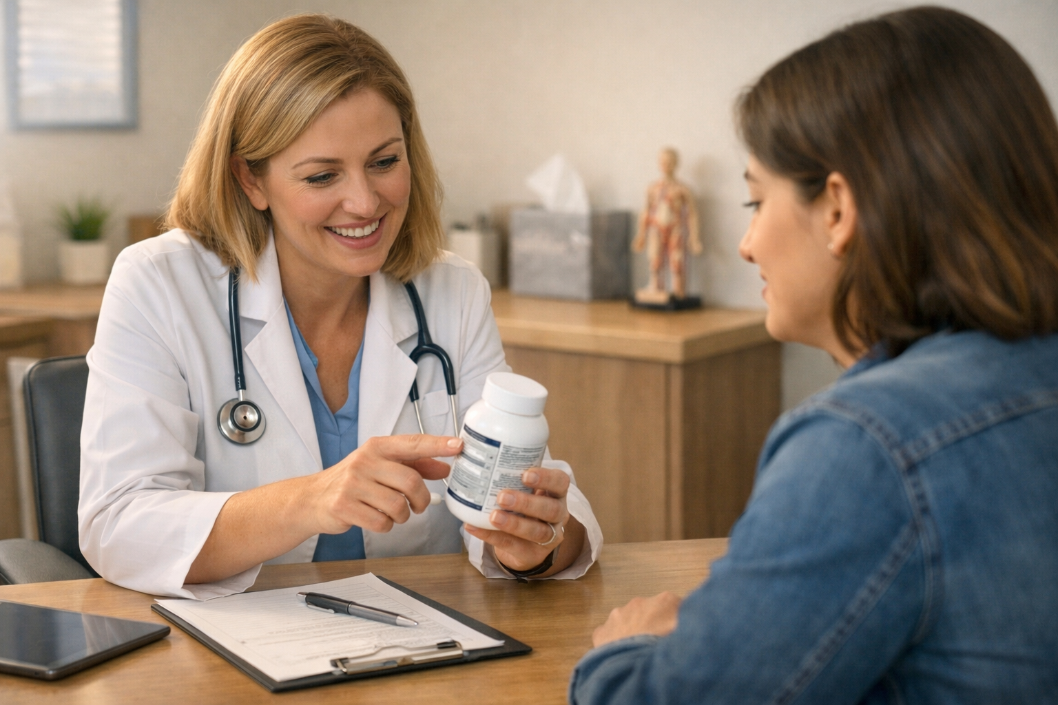Friendly clinician reviews a weight loss supplement label with a patient in a modern Greenville, NC medical office.