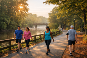Brisk walkers on a paved riverfront greenway in Greenville, North Carolina during early morning sunlight, best exercise for weight loss