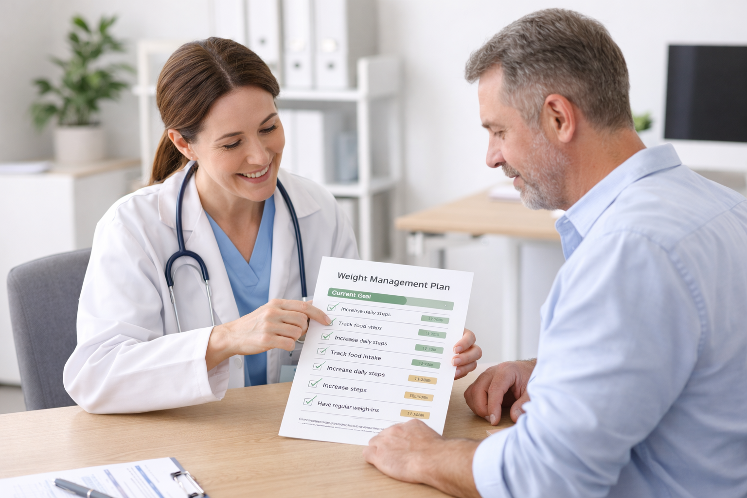 Healthcare provider and patient reviewing a one-page weight management plan in a clinic office.