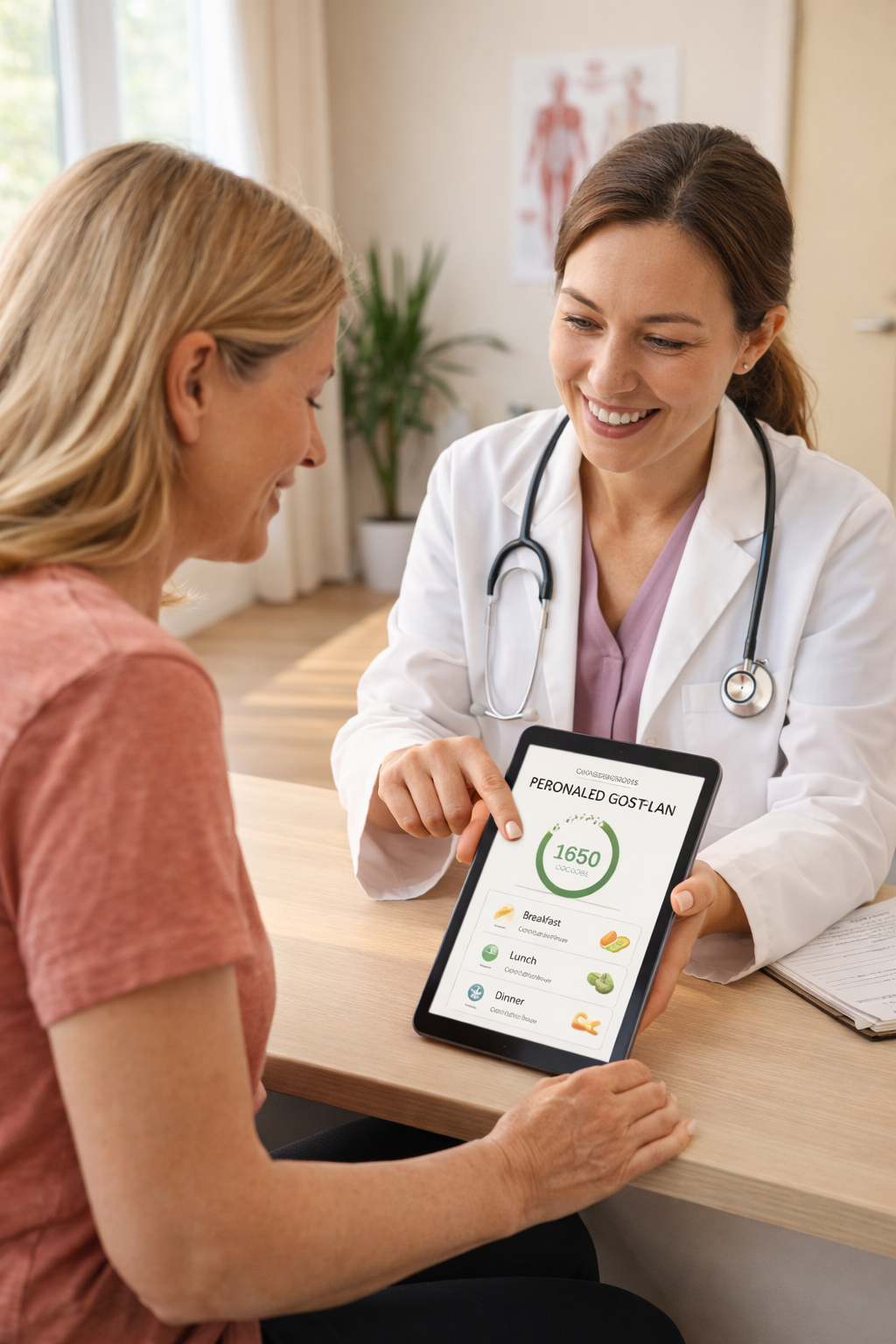 Healthcare provider and patient reviewing a personalized weight loss plan on a tablet during a friendly clinic consultation.