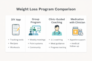 Infographic comparing four weight loss program types: DIY app, group program, clinic-guided coaching, and medication support with a clinician.