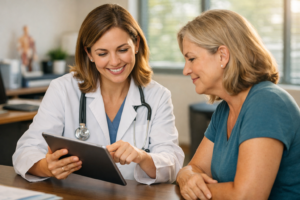 Medical weight loss consultation in a modern Greenville, NC clinic with a clinician and adult patient reviewing a plan on a tablet. Weight Loss Pills