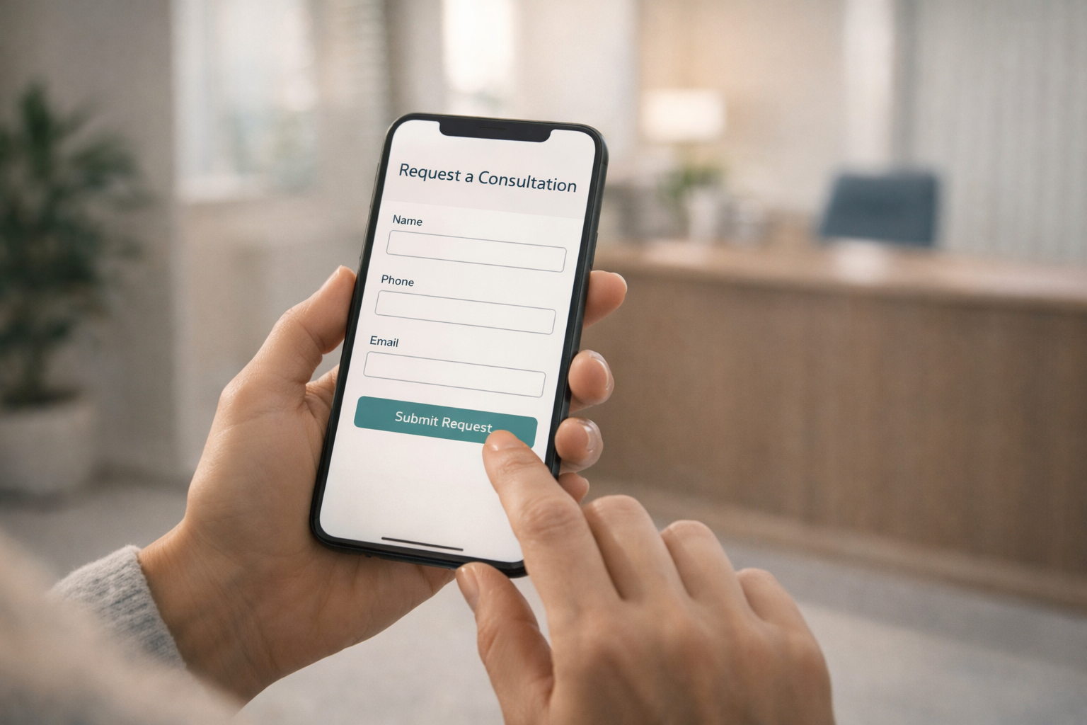 Person books a weight loss consultation on a smartphone in a calm clinic office setting.