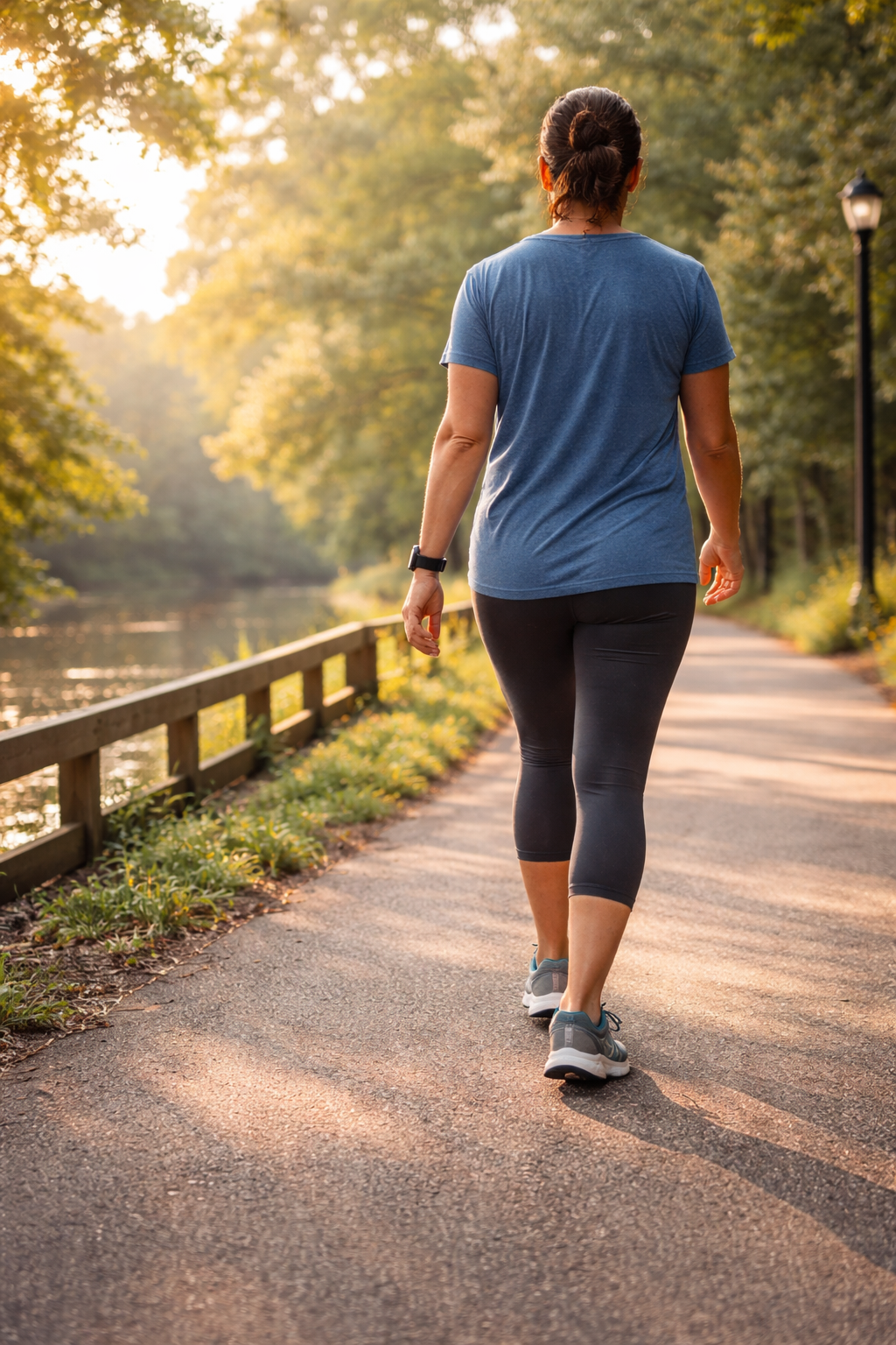 Person walking on a greenway path in Greenville, North Carolina in the early morning, wearing athletic shoes and a smartwatch.