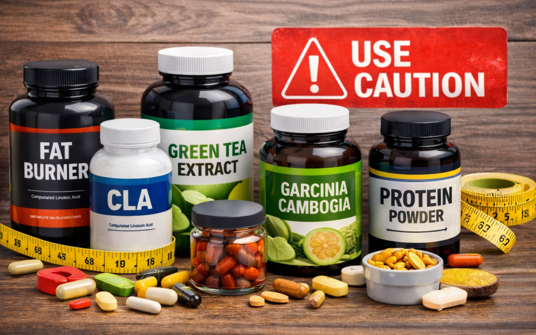 Supplement bottles and a caution sign for safe use in Greenville, NC