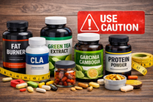 Supplement bottles and a caution sign for safe use in Greenville, NC, weight loss supplements