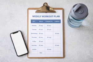 Weekly exercise plan on a clipboard beside a smartphone and water bottle, showing a simple walking and strength schedule.