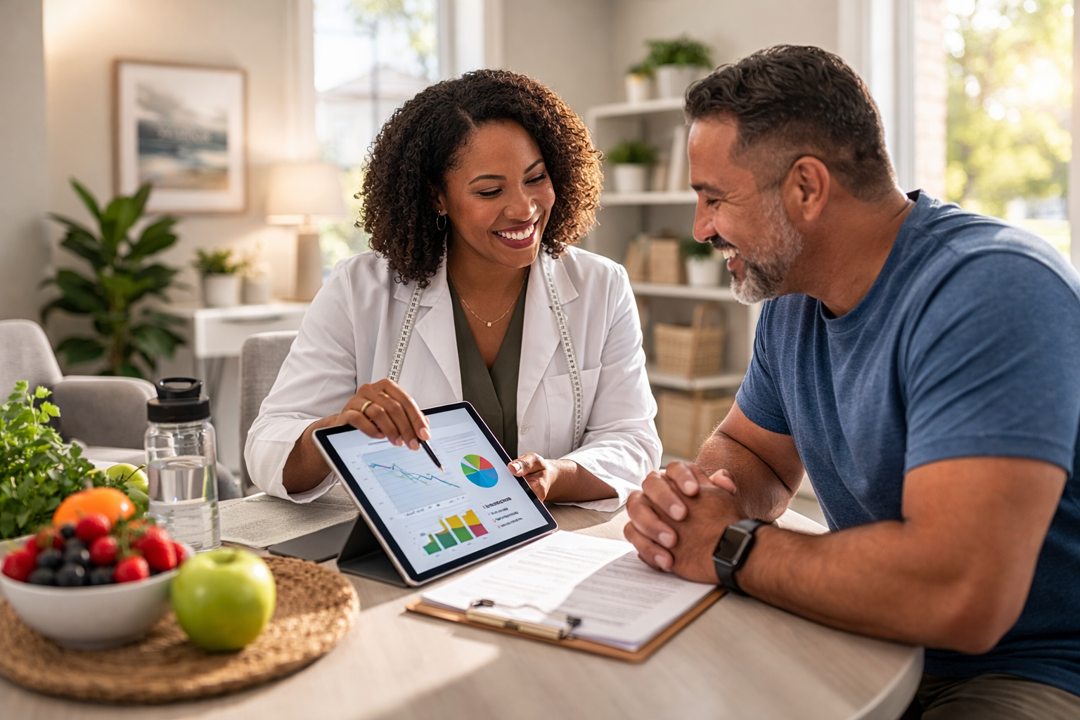 Weight loss coach reviewing a simple progress chart with a client in a bright clinic office in Greenville, North Carolina. best weight loss program