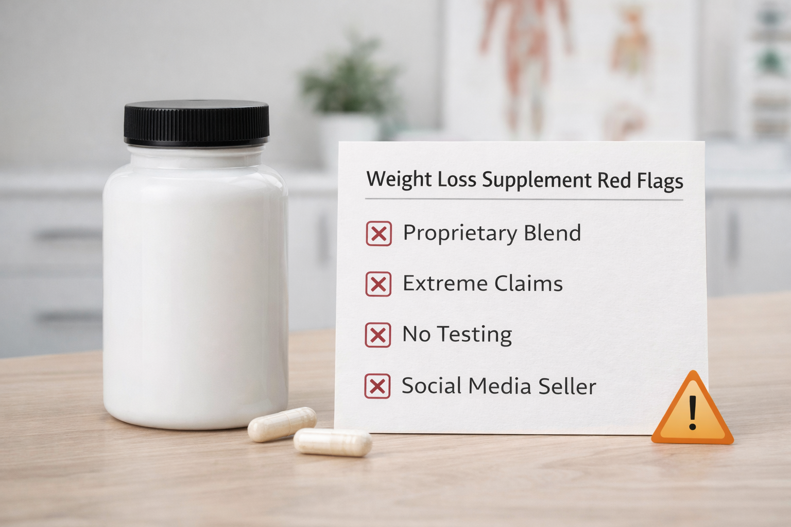 Weight loss supplement red flags checklist beside an unlabeled bottle and warning symbol on a clinic desk.