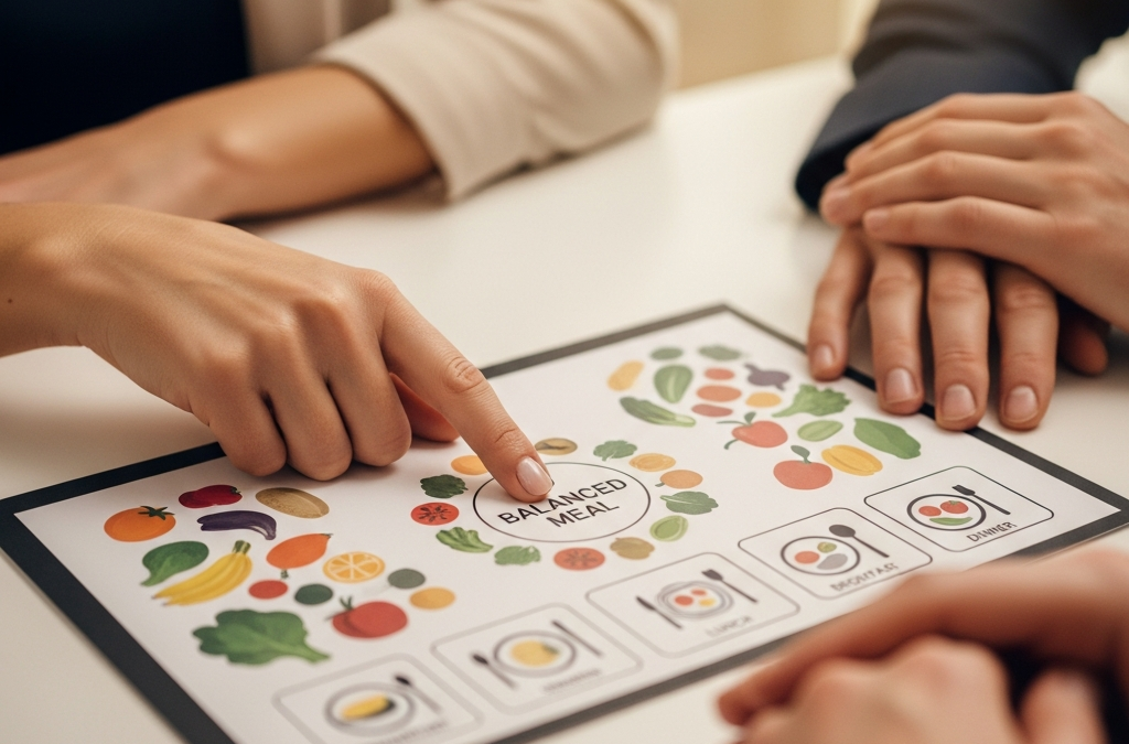 Weight loss programs coach reviewing a simple meal plan with a client in Greenville NC