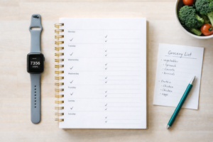 Organized flat-lay weekly planner with checkmarks, a step-counter watch, and a grocery list of vegetables and protein items to support a weight loss plateau reset.
